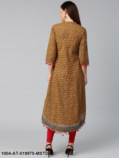 Mustard Brown & Black Printed A-Line Kurta