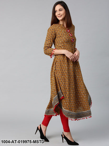 Mustard Brown & Black Printed A-Line Kurta