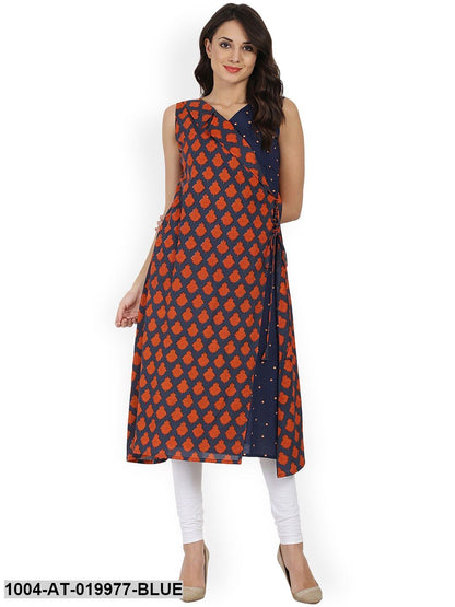 Blue & Orange Printed A-Line Kurta