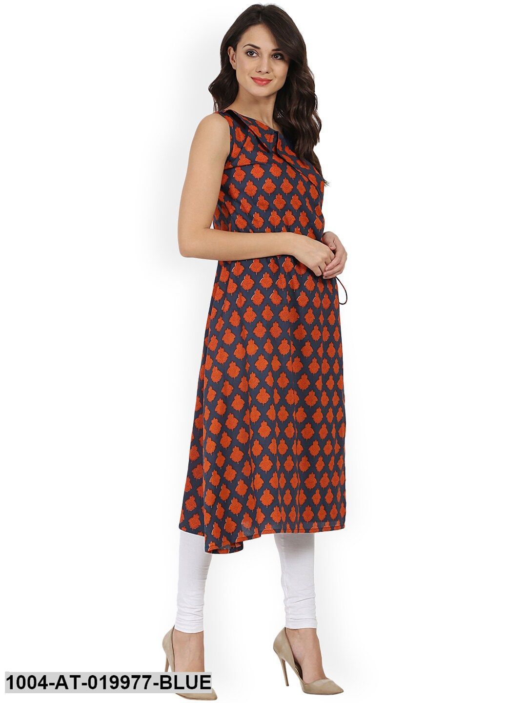 Blue & Orange Printed A-Line Kurta