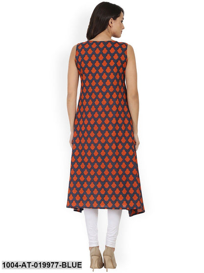 Blue & Orange Printed A-Line Kurta