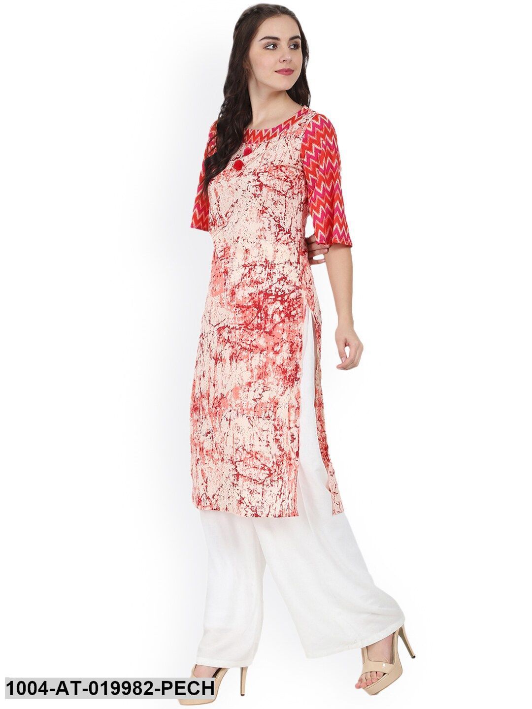 Peach-Coloured Printed Straight Kurta