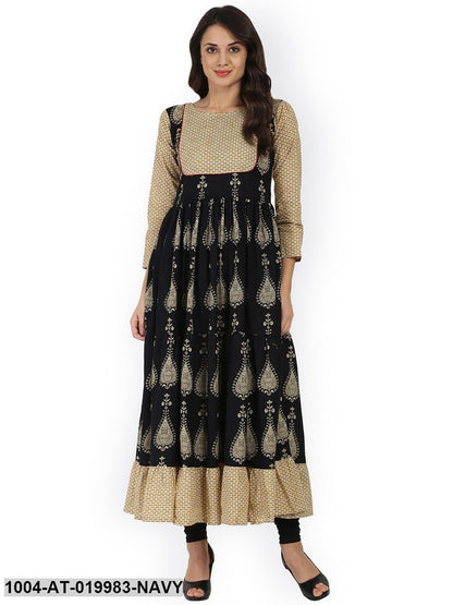 Navy Blue Printed Tiered Anarkali Kurta