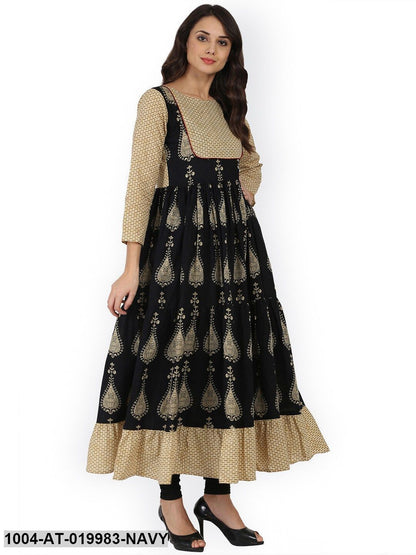 Navy Blue Printed Tiered Anarkali Kurta