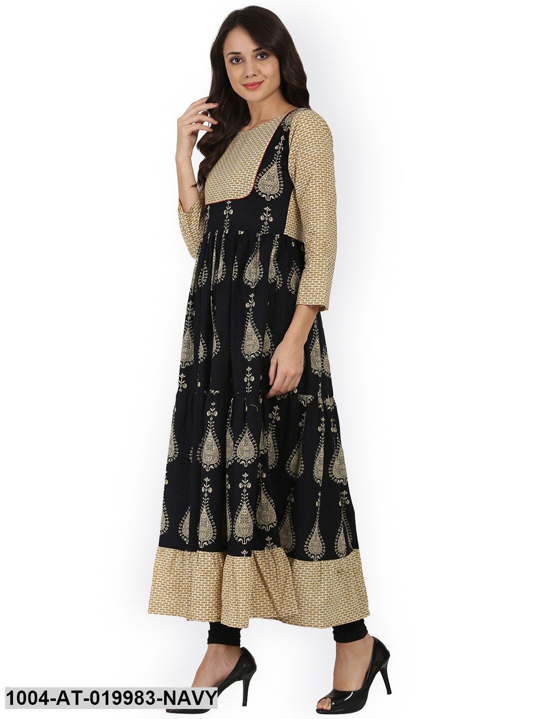 Navy Blue Printed Tiered Anarkali Kurta