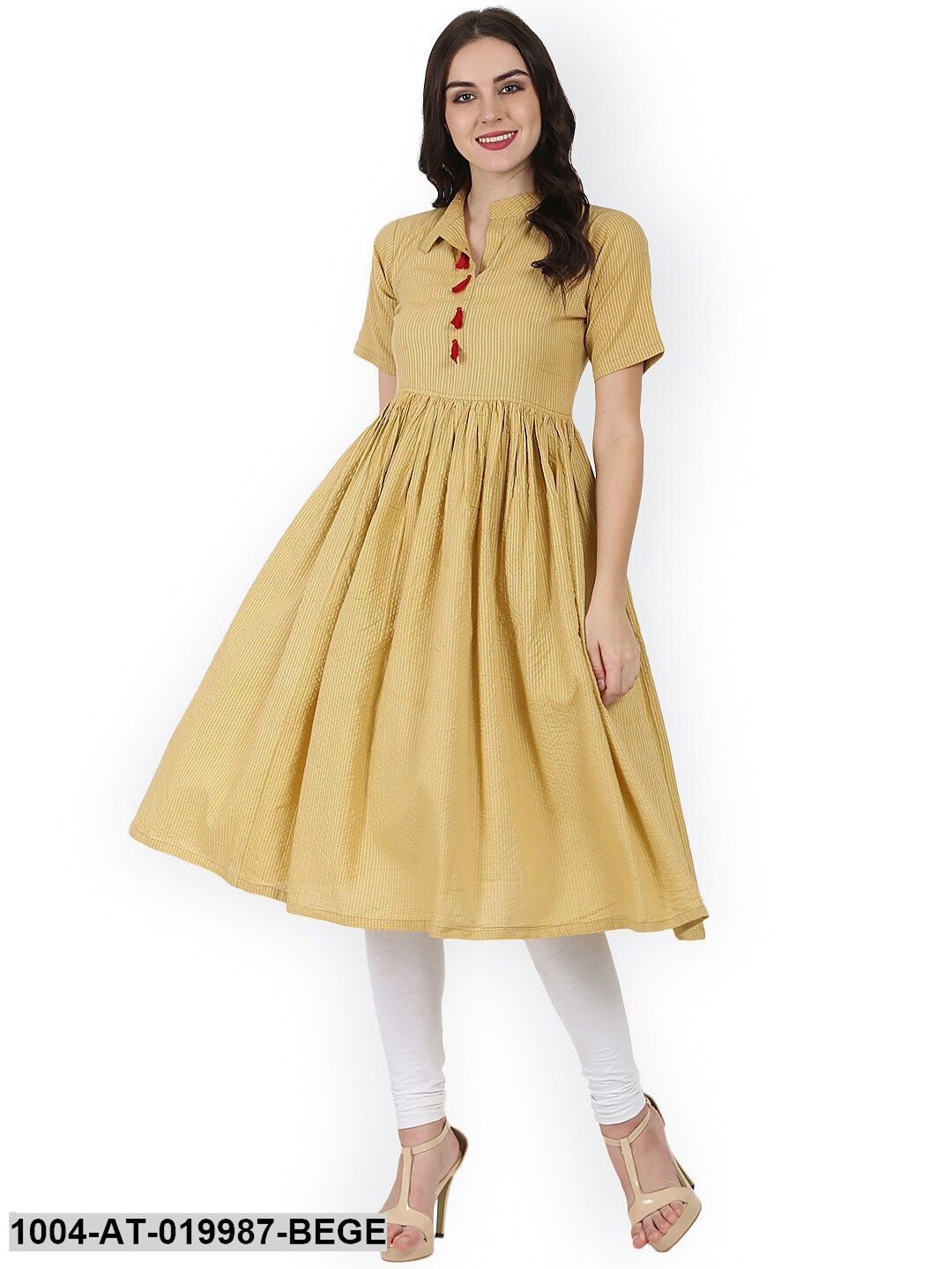 Beige Striped Anarkali Kurta