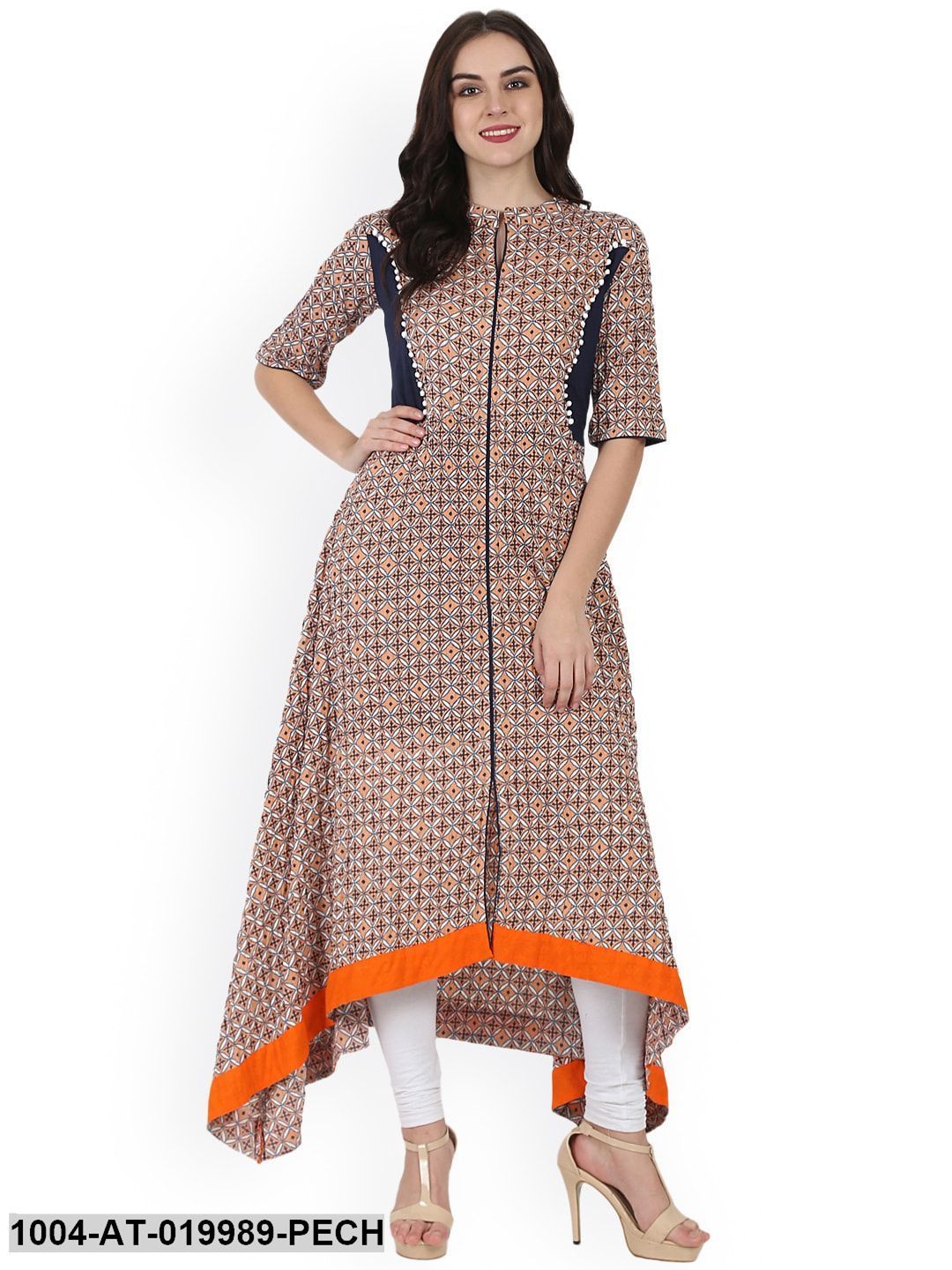 Peach-Coloured & Navy Blue Printed A-line Kurta