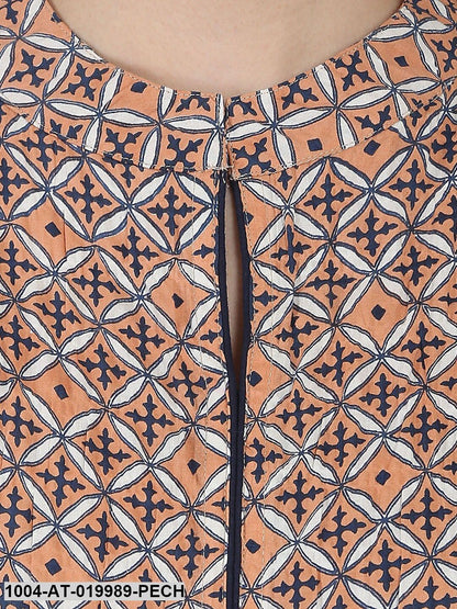 Peach-Coloured & Navy Blue Printed A-line Kurta