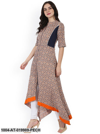 Peach-Coloured & Navy Blue Printed A-line Kurta