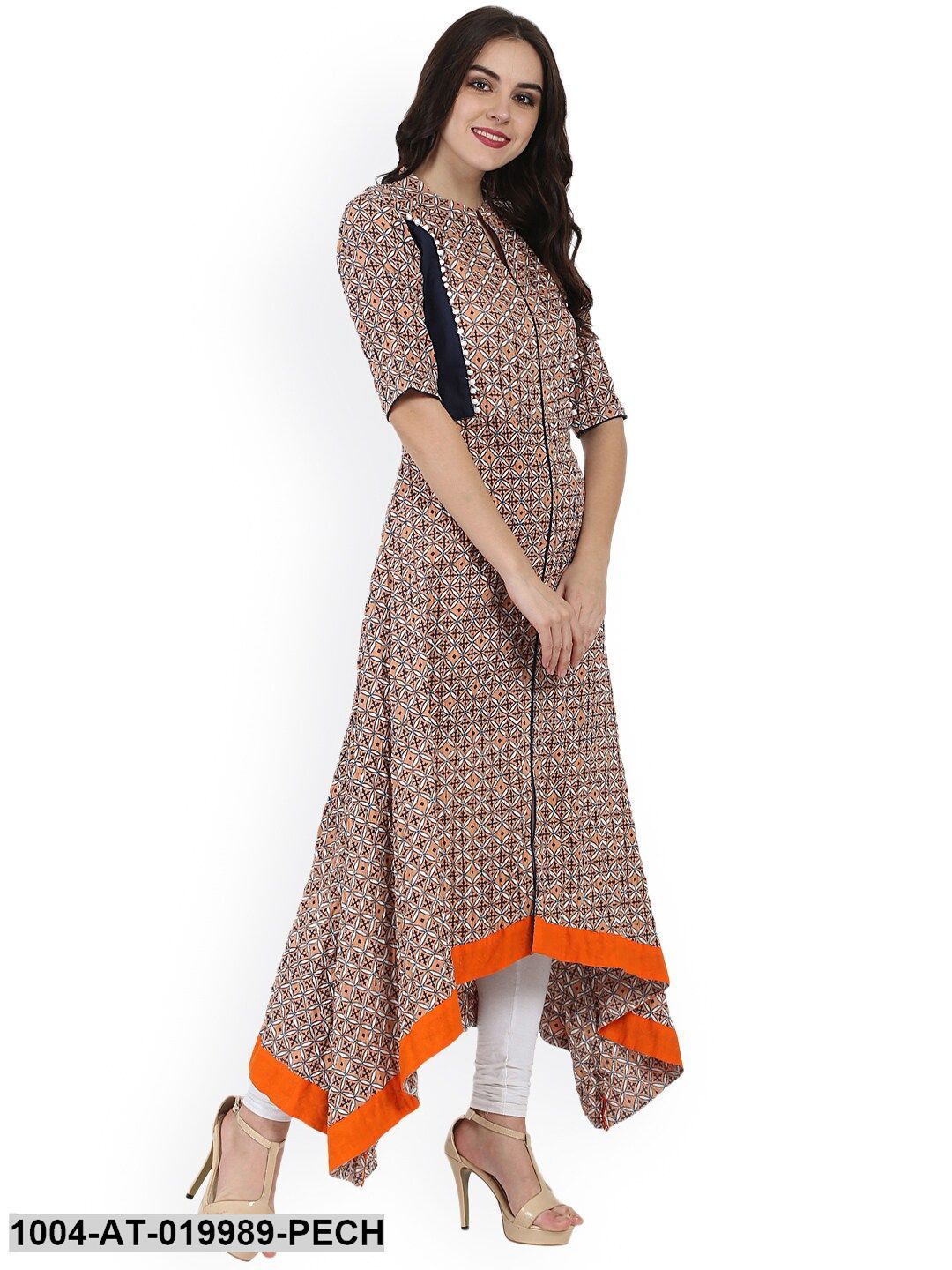 Peach-Coloured & Navy Blue Printed A-line Kurta