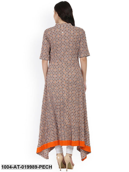 Peach-Coloured & Navy Blue Printed A-line Kurta