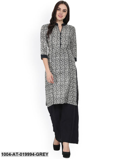 Grey & Black Printed Straight Kurta