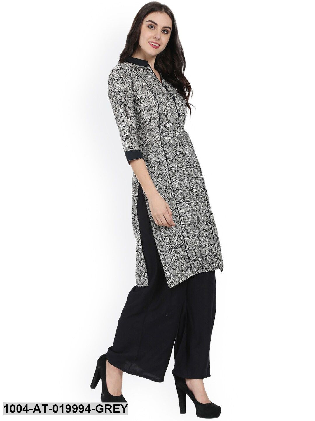 Grey & Black Printed Straight Kurta