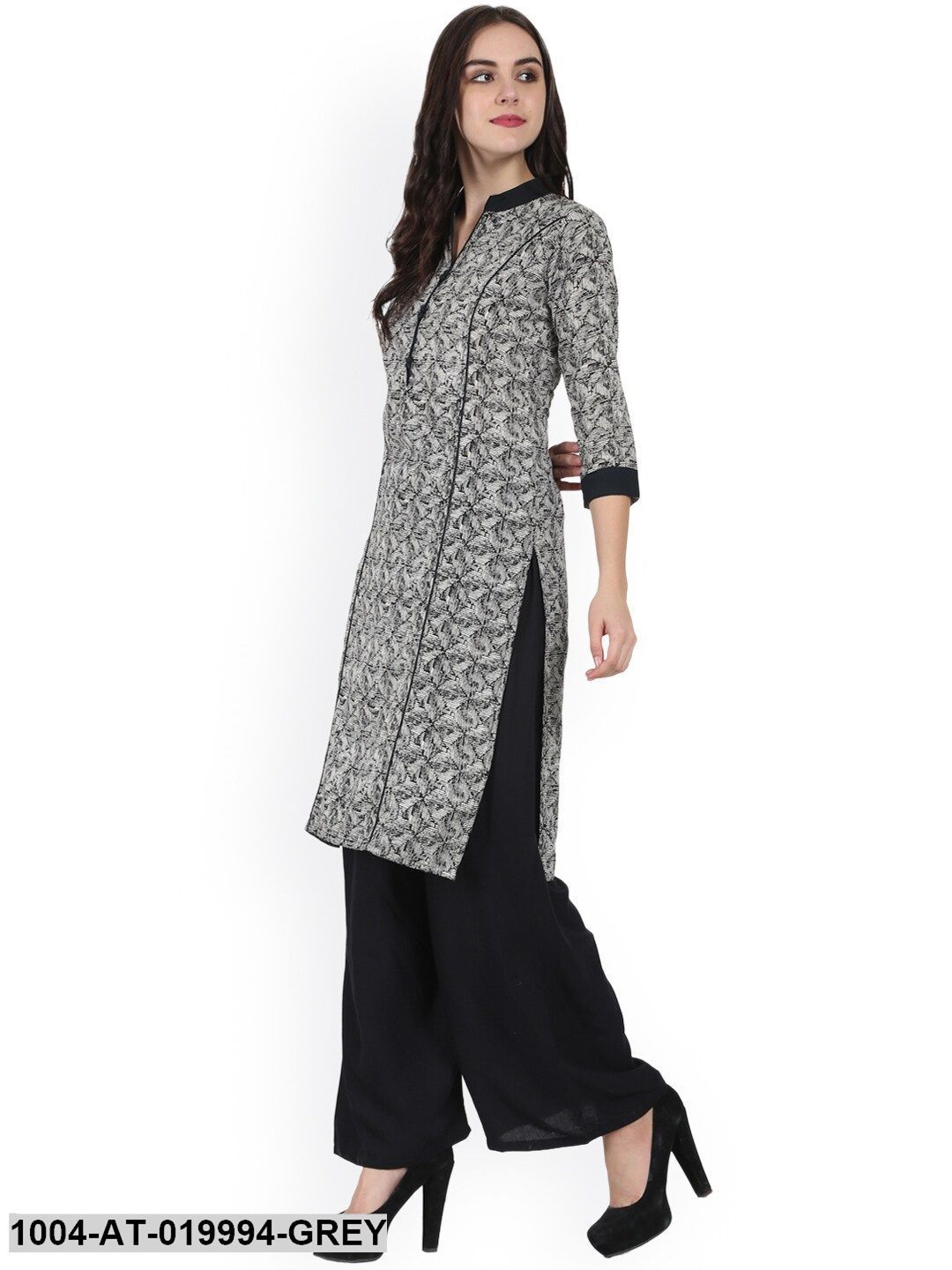 Grey & Black Printed Straight Kurta