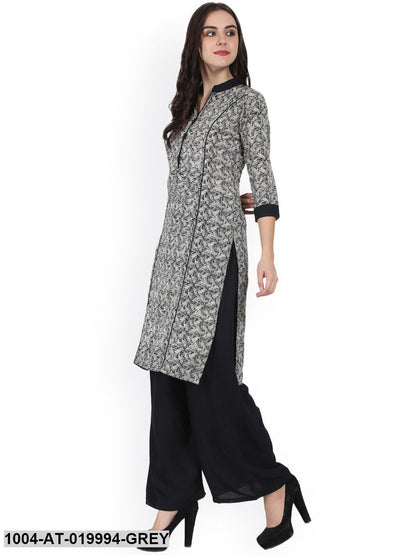 Grey & Black Printed Straight Kurta