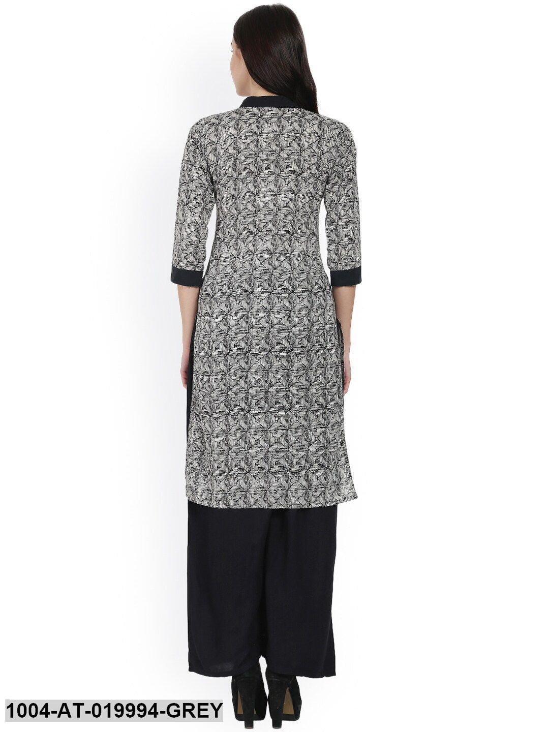 Grey & Black Printed Straight Kurta