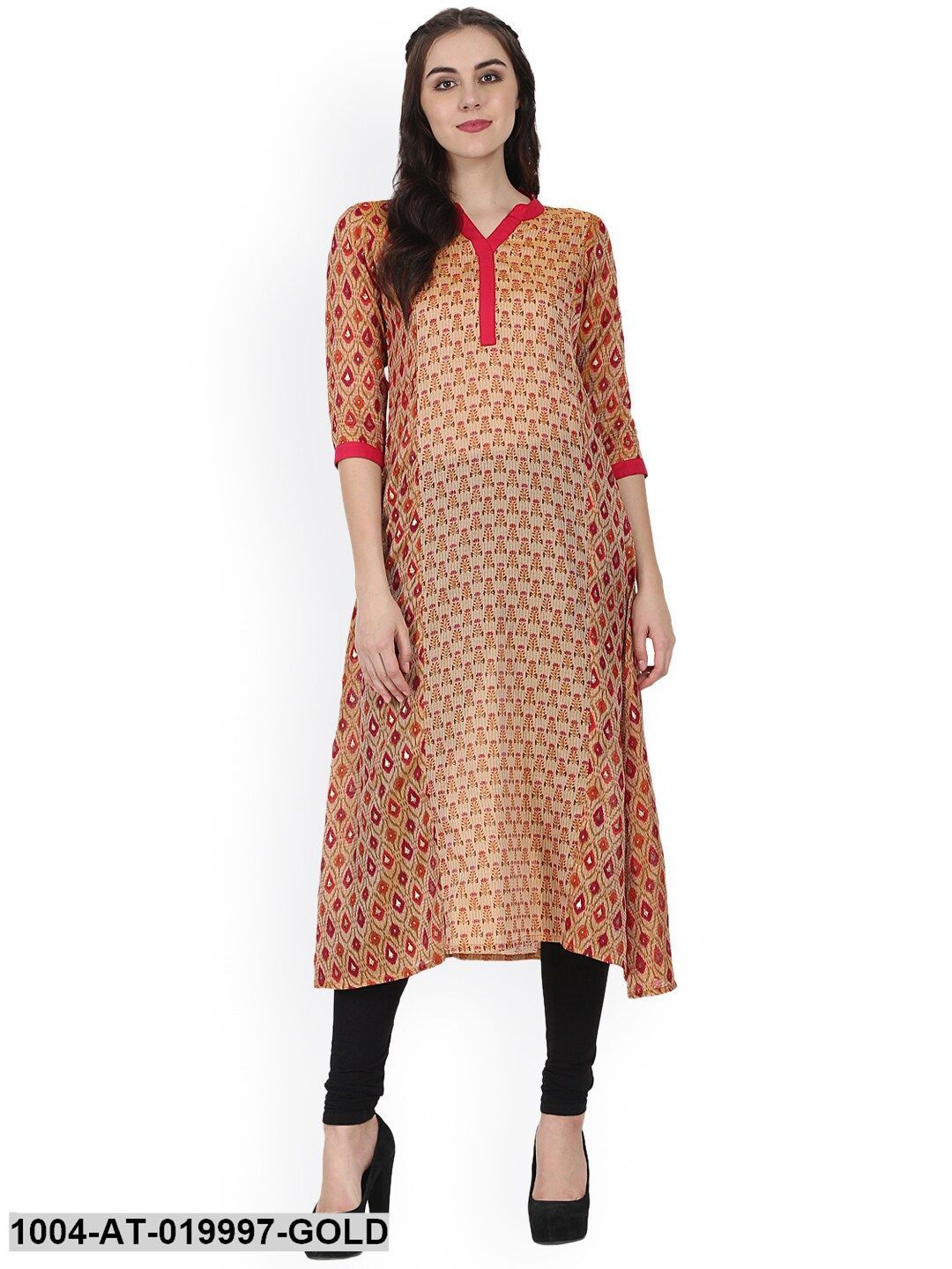 Gold-Toned &amp; Red Printed A-Line Kurta