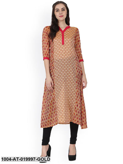 Gold-Toned & Red Printed A-Line Kurta