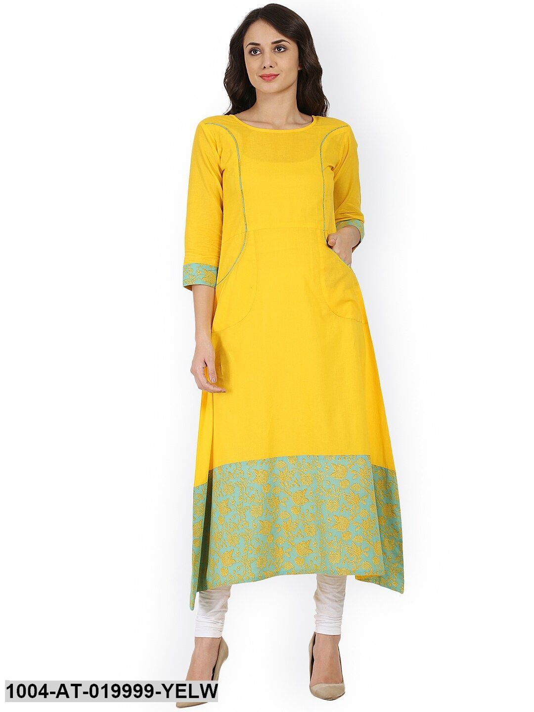 Yellow Printed A-Line Kurta