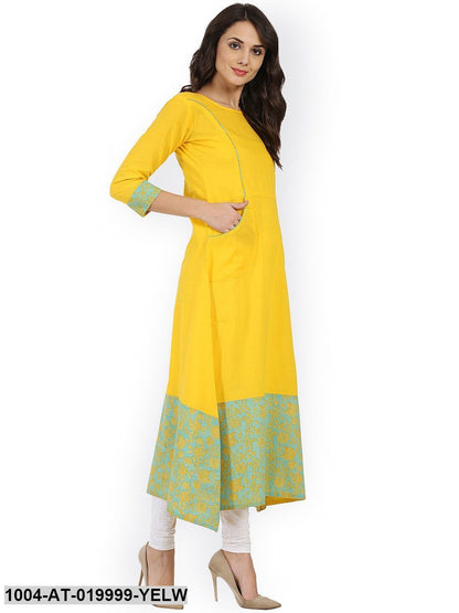 Yellow Printed A-Line Kurta
