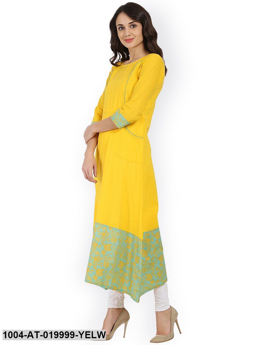 Yellow Printed A-Line Kurta