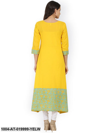 Yellow Printed A-Line Kurta