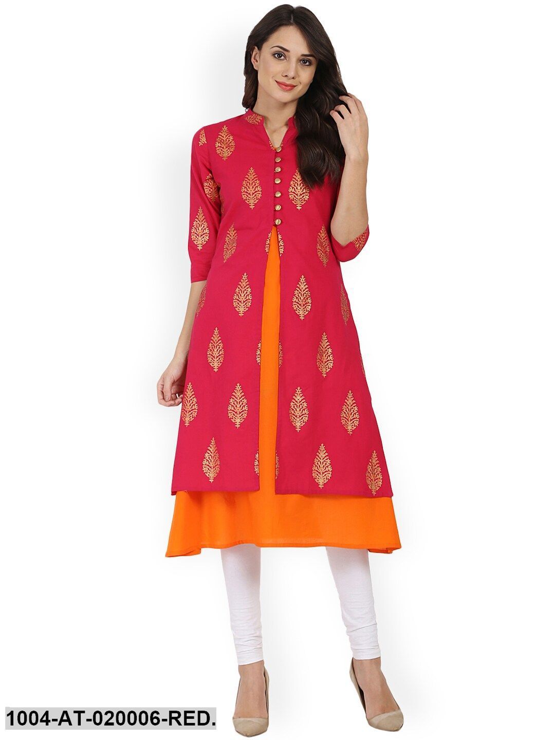 Red & Orange Printed A-Line Kurta