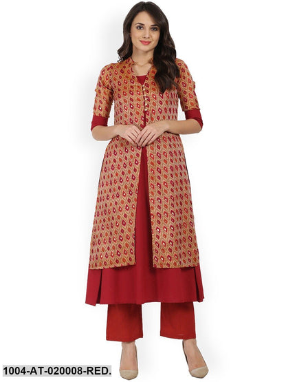 Red & Beige Printed Anarkali Kurta