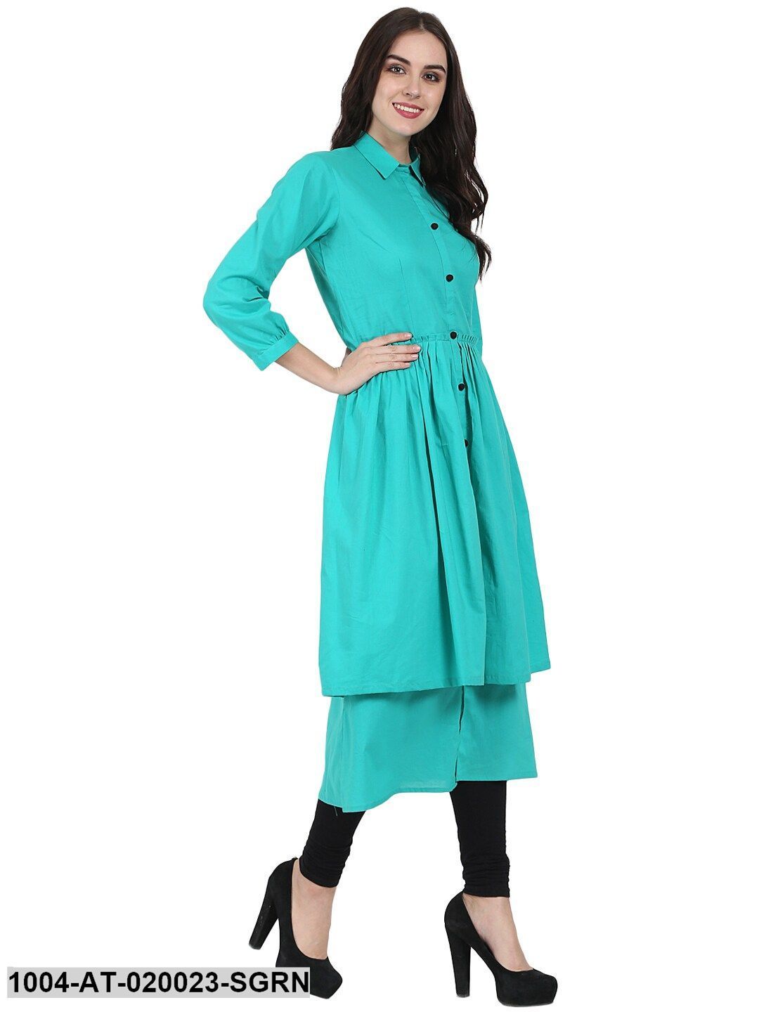 Sea Green Solid Layered A-Line Kurta
