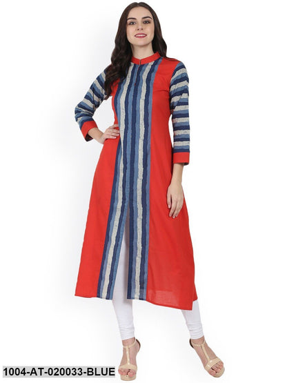 Blue & Red Printed Straight Kurta