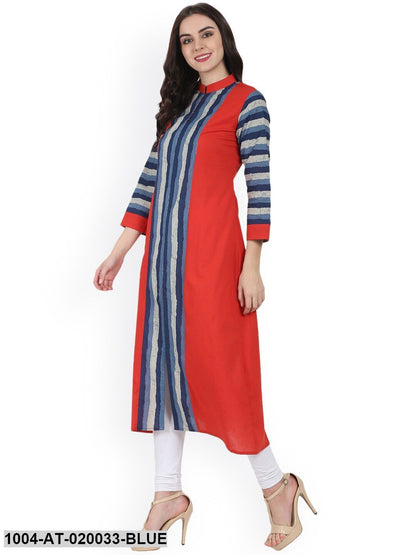 Blue & Red Printed Straight Kurta