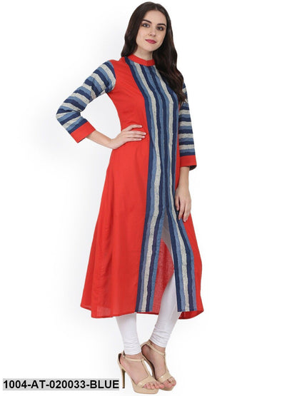 Blue & Red Printed Straight Kurta