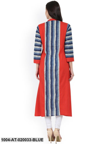 Blue & Red Printed Straight Kurta