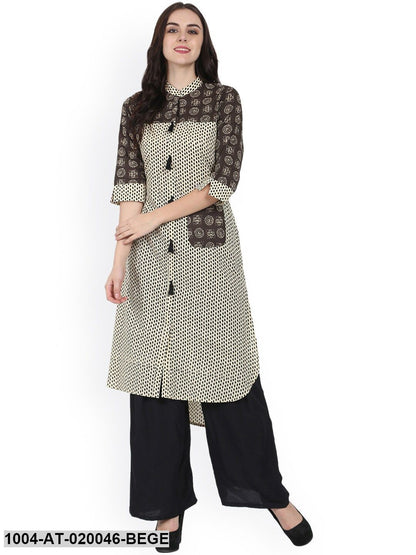 Beige Printed A-Line Kurta