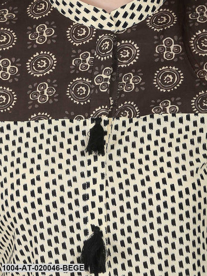 Beige Printed A-Line Kurta