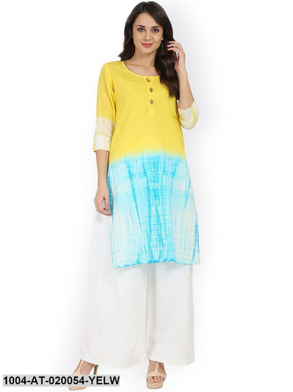 Yellow & Blue Printed Straight Kurta