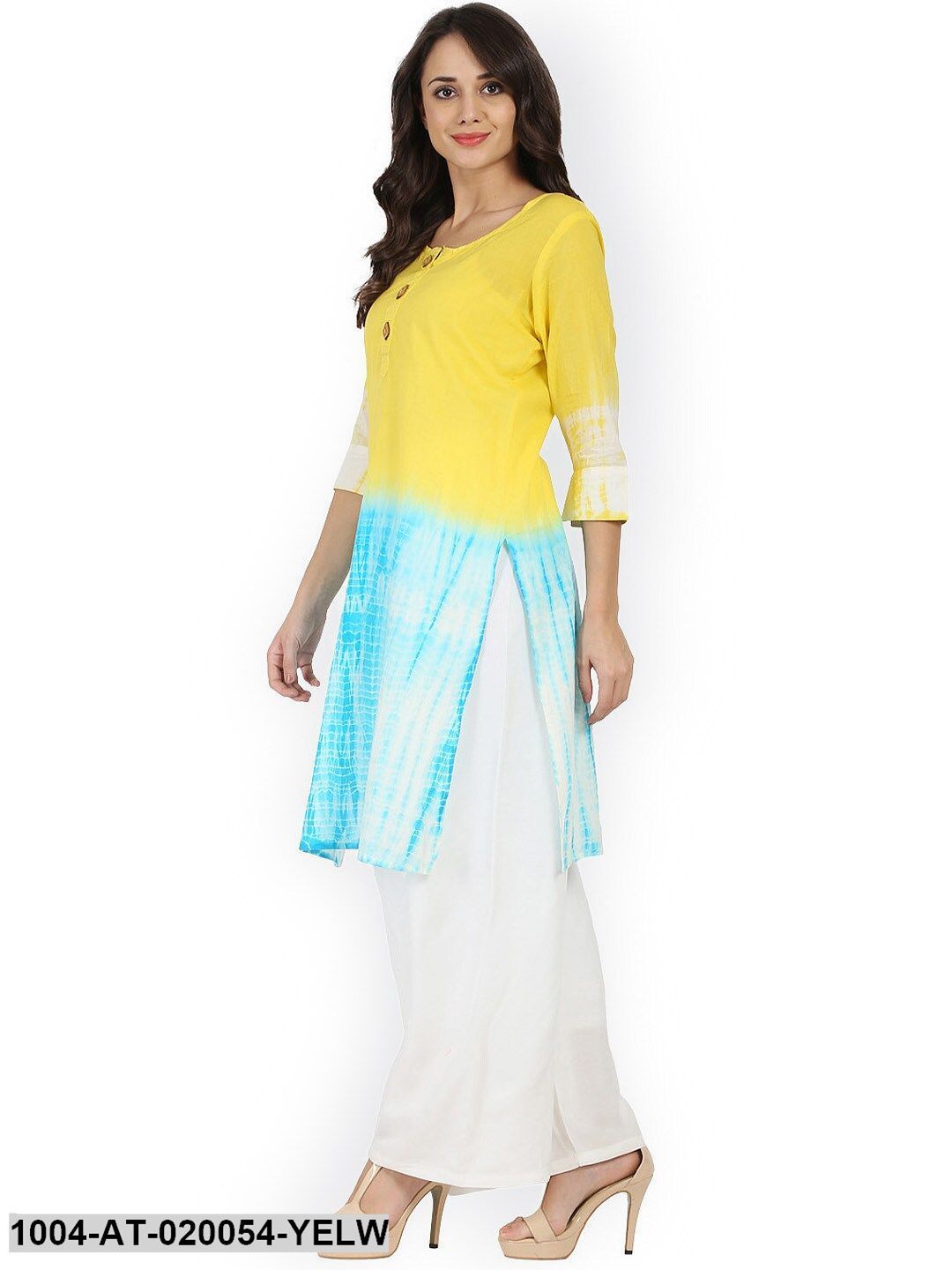 Yellow & Blue Printed Straight Kurta