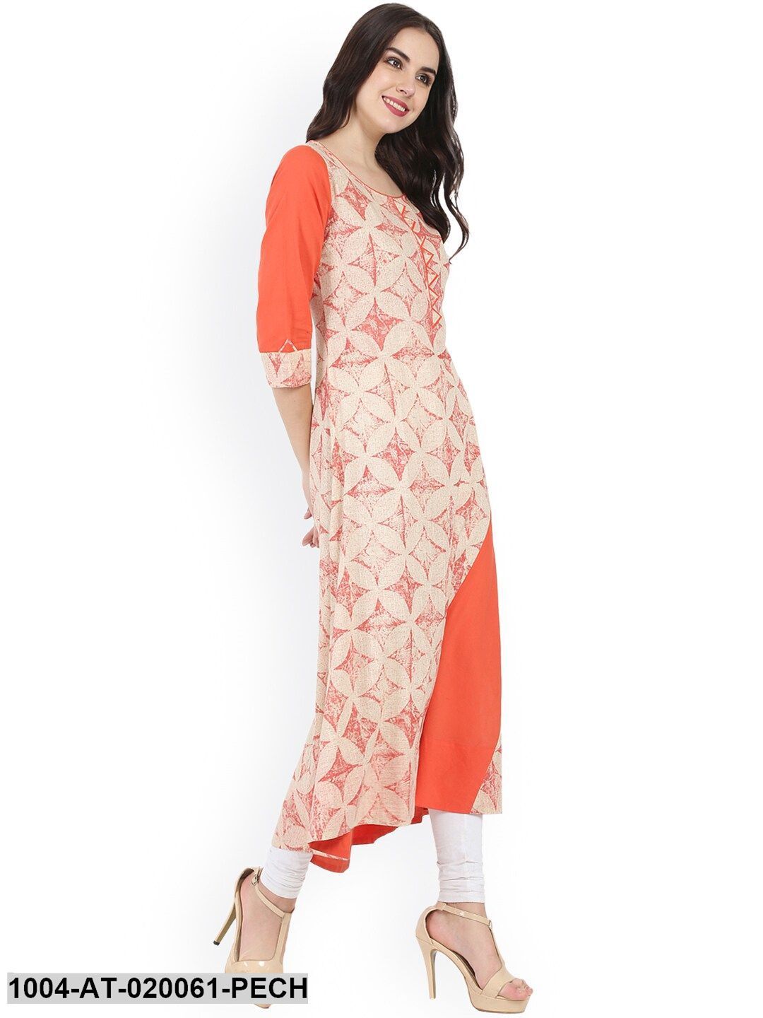 Peach-Coloured Printed A-Line Kurta