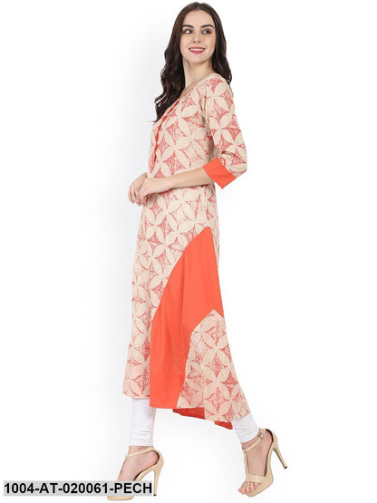 Peach-Coloured Printed A-Line Kurta