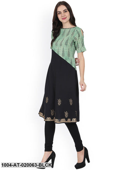 Black & Green Block Print A-Line Kurta
