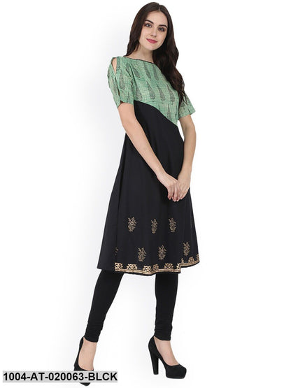 Black & Green Block Print A-Line Kurta