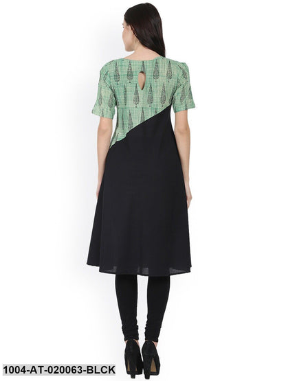 Black & Green Block Print A-Line Kurta