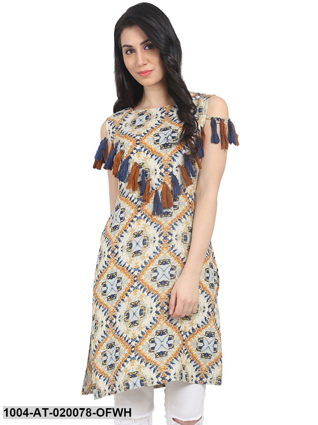 Off-White & Orange Printed Straight Kurta