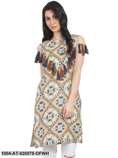 Off-White & Orange Printed Straight Kurta