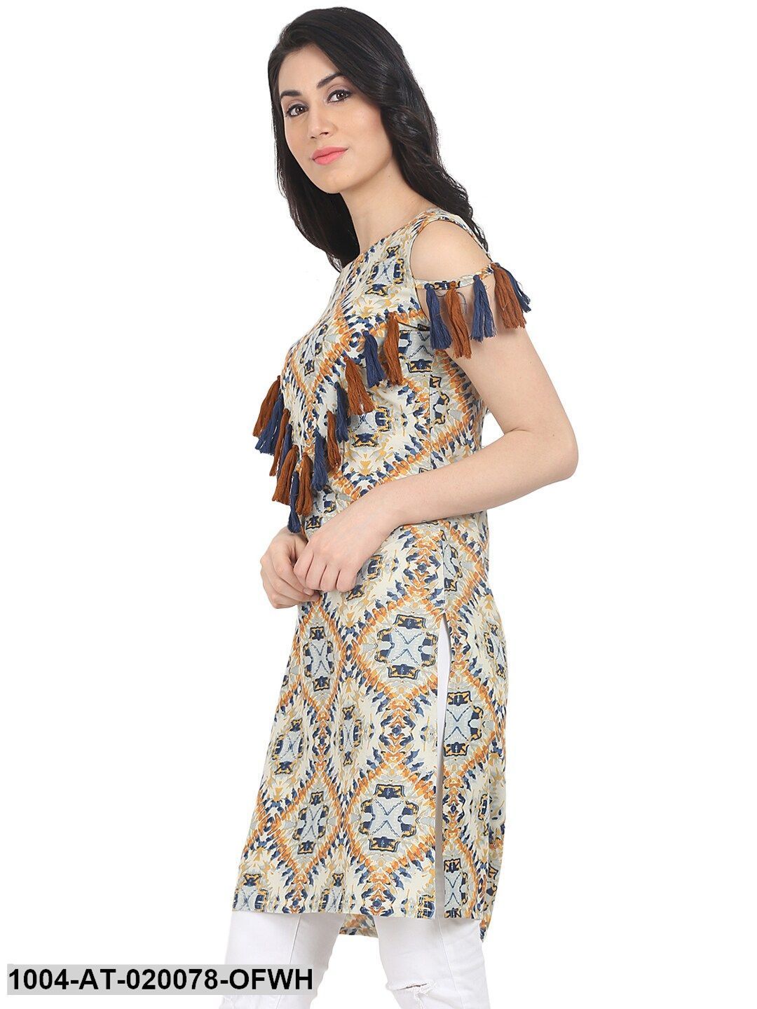 Off-White & Orange Printed Straight Kurta