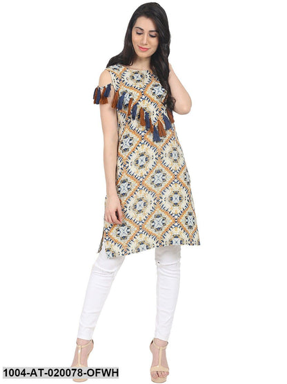 Off-White & Orange Printed Straight Kurta