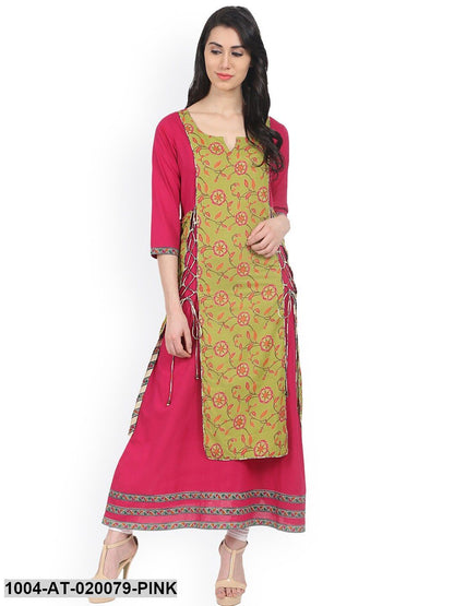 Pink & Green Printed A-Line Kurta