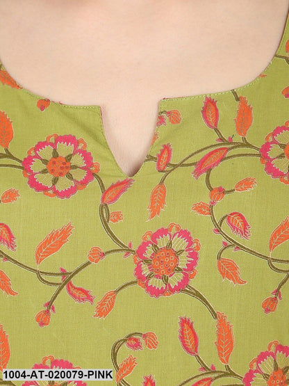 Pink & Green Printed A-Line Kurta