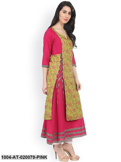 Pink & Green Printed A-Line Kurta