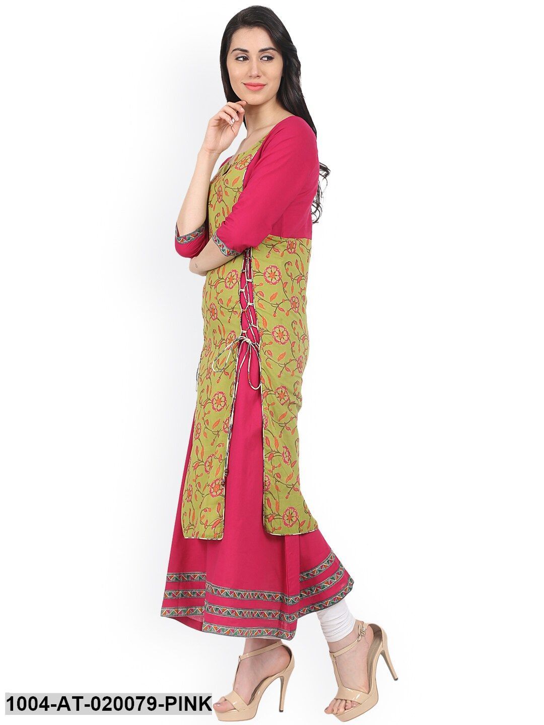 Pink & Green Printed A-Line Kurta